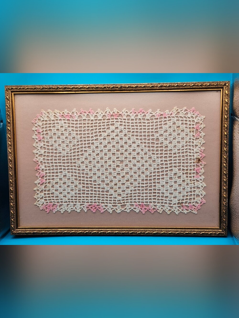Framed Vintage Ivory and Pink Crochet Lace Doily
